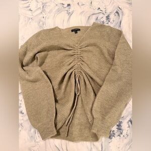 Elegant V-Neck Ruched Sweater in Tan